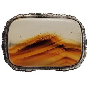 Sterling Silver Banded Landscape Agate Brooch Scenic Natural Stone Small Pin